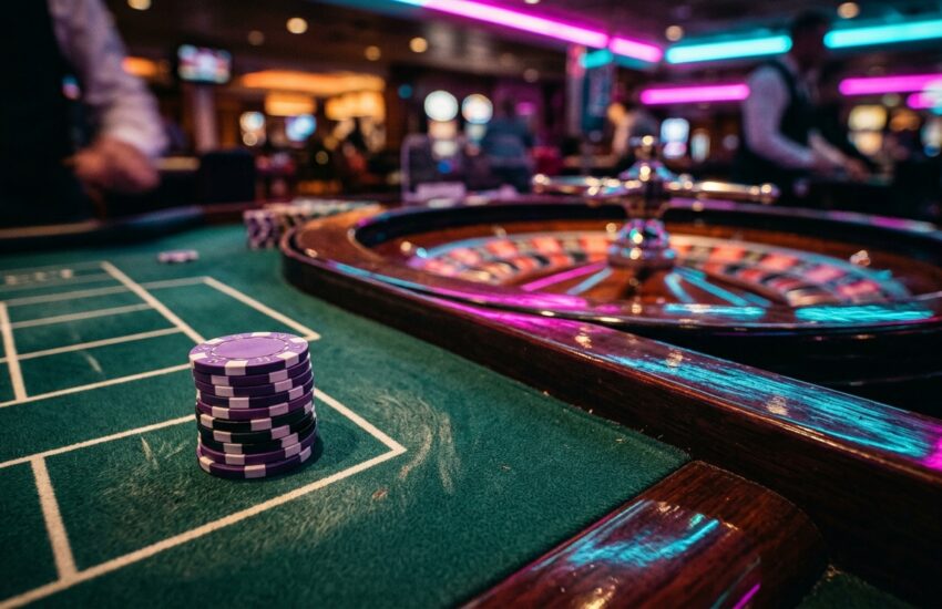 Piringan roulette eropa dengan bola putih dan susunan chip taruhan di atas meja