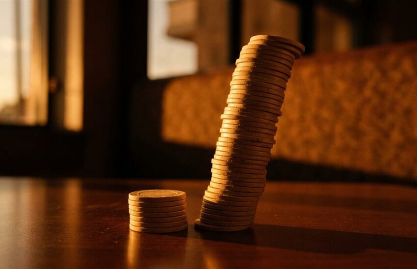 Roda roulette online dan keping taruhan di atas meja kayu